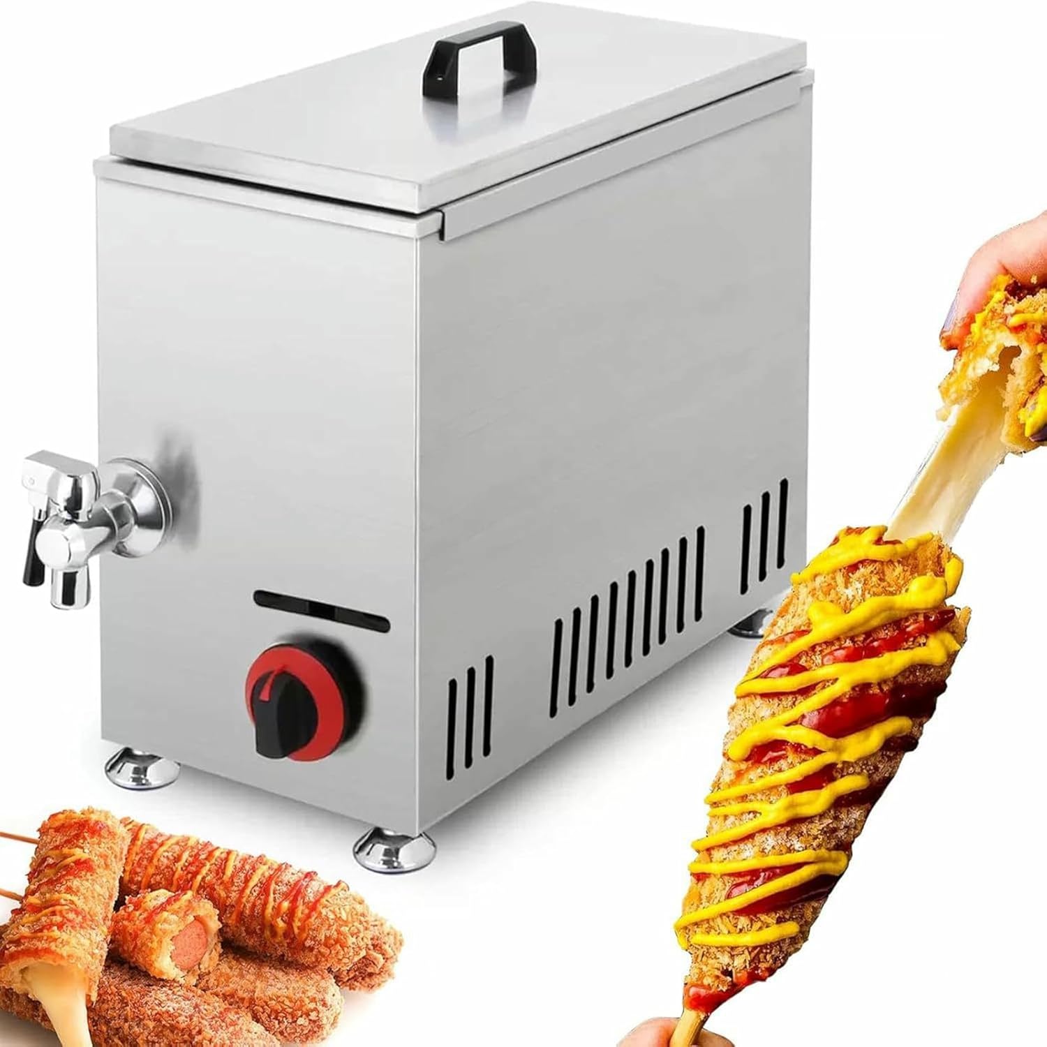 Commercial Cheese Hotdog Fryer 21L Deep Frying Machine Gas Corn Hot Dogs Sticks Machine Temperature Adjustable Hot Dog Roll Maker Deep Fryer,12 Hooks~/