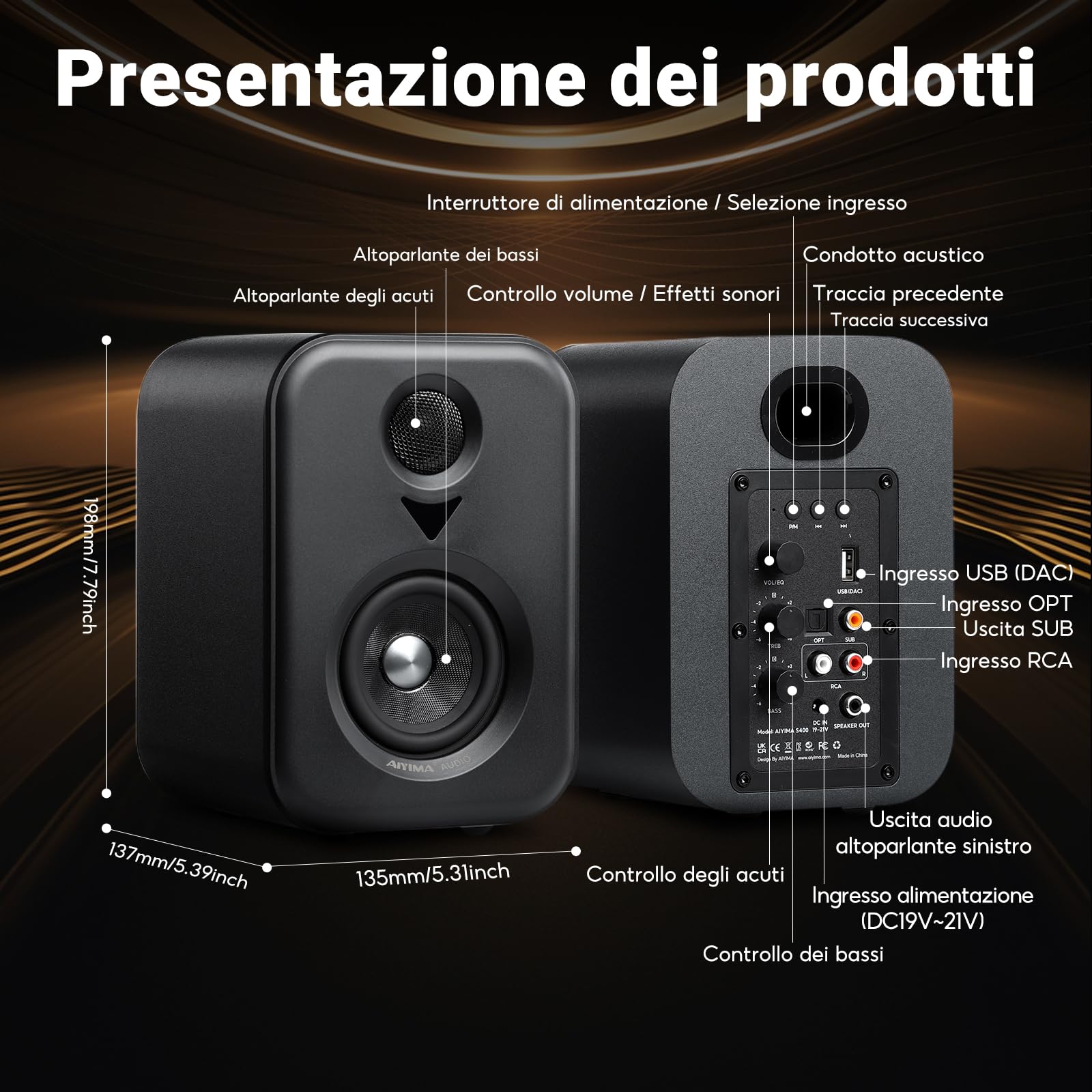 AIYIMA S400 Altoparlante da scaffale attivo 2.1, 3" (7,6 cm), 80 W, altoparlante attivo HiFi stereo, Bluetooth 5.3, ottico, USB, RCA, Sub-Out, Bluetooth Bookshelf altoparlante per PC e home theater