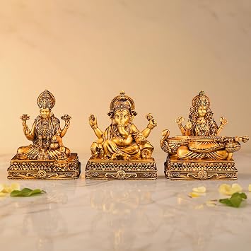 Artarium Lakshmi Ganesh Saraswati Idol Set of 3, 6 Inch Antique Gold Hindu God Statues, Laxmi Ganesh Murti & Saraswati Figurines for Home Temple, Diwali Pooja Decor, Office Desk & Spiritual Gift