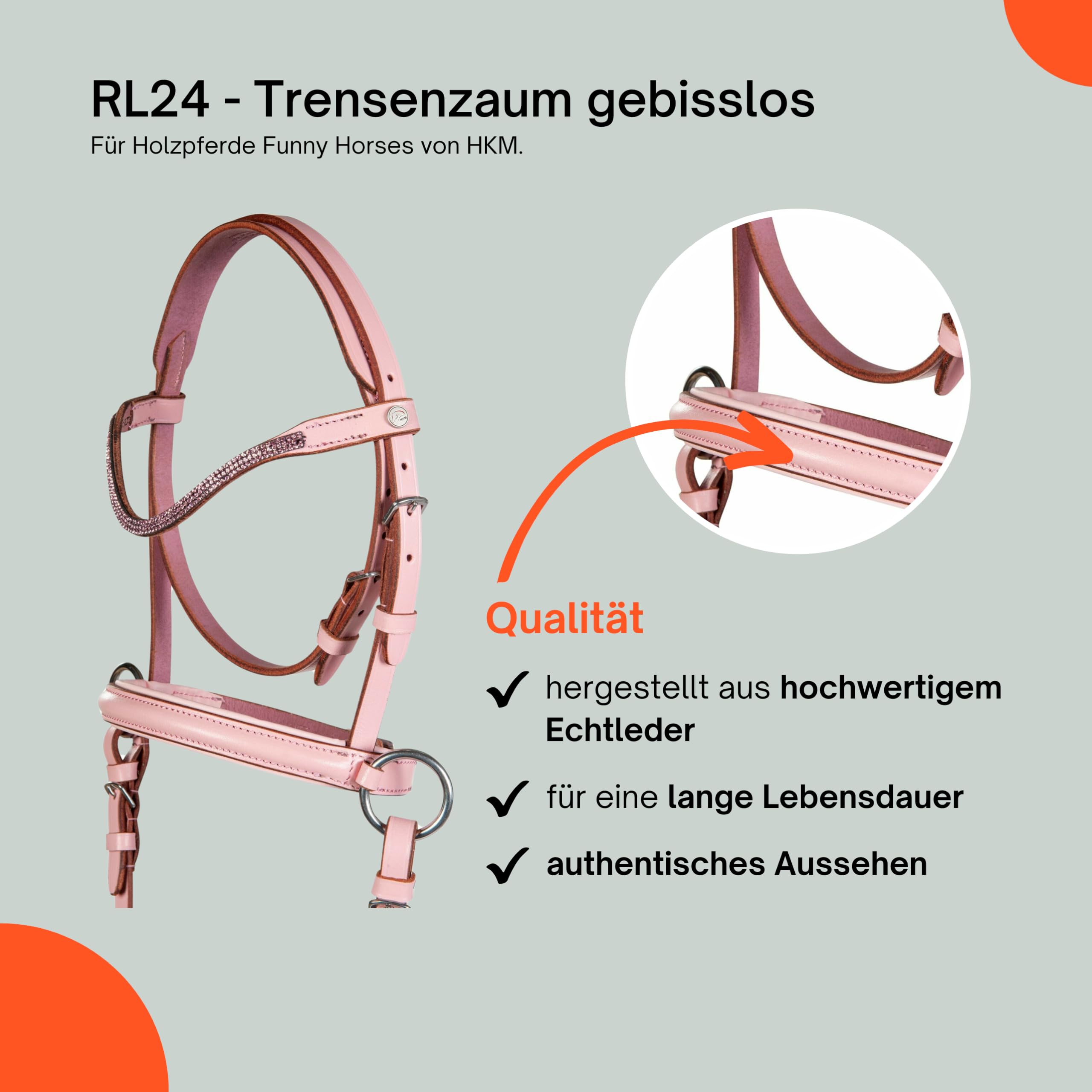 Trensenzaum gebisslos für Holzpferde Funny Horses von HKM | Trense aus Echtleder rosa | Zaumzeug für Holzpferd mit Zügel | Pferdespielzeug für Kinder | Holzpferd Zubehör