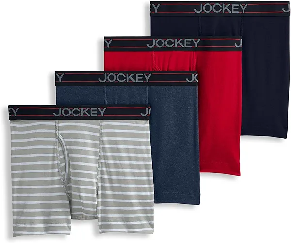 Jockey Men's Underwear Lightweight Cotton Blend 5" Boxer Brief - 4 Pack, Navy Heather/Racing Red/Rough Blue/Quartz Grey Stripe, L