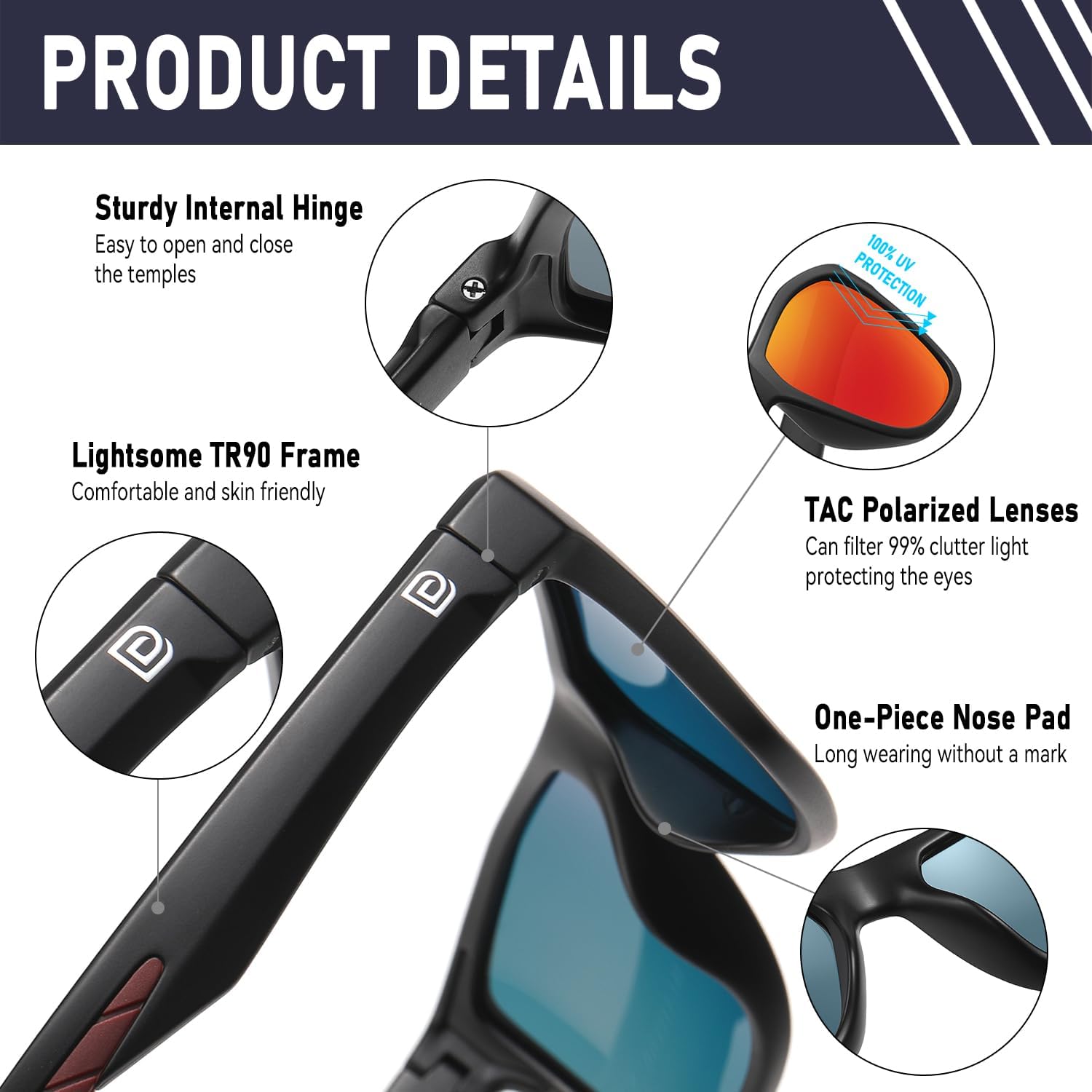DUCO Polarized Sunglasses for Men Retro Square Shades with UV400 Protection Lightweight for Driving & Running DC6308 (C3 Matte Black Frame Rveo Red Lens)