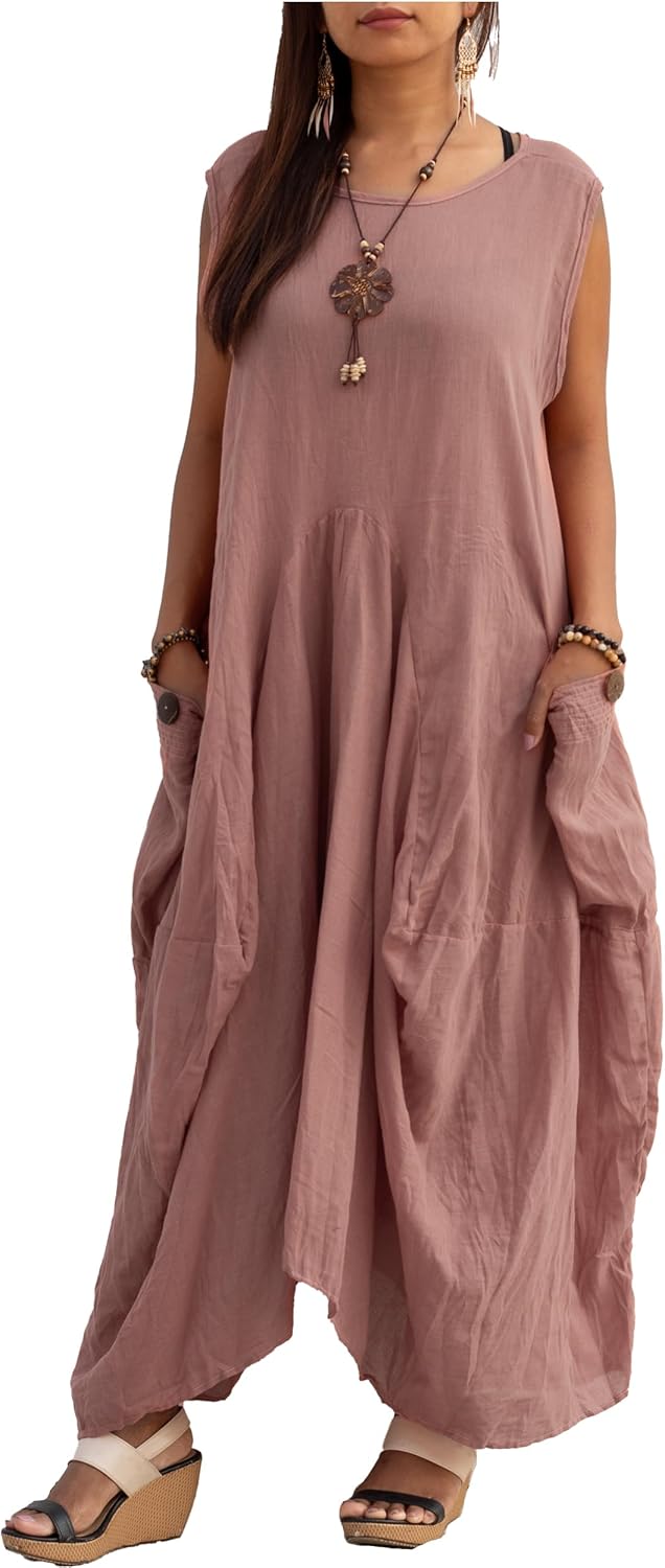 Women’s Boho Cotton Sleeveless Dress Casual Loose Fit Maxi Dress with Big Pockets Fair Trade Light Summer Sundress