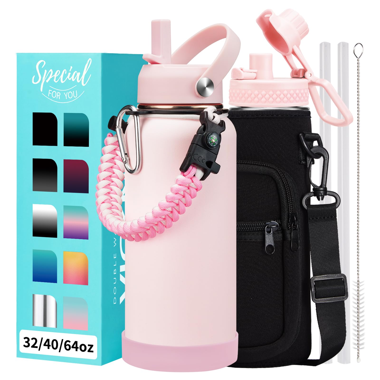VICKNIY 32/40/64 OZ Water Bottle with Straw - Spout Lid, Kepp Cold-48H Hot-24H, Insulated Water Bottles with Strap Carrier Bag, Paracord Handle,