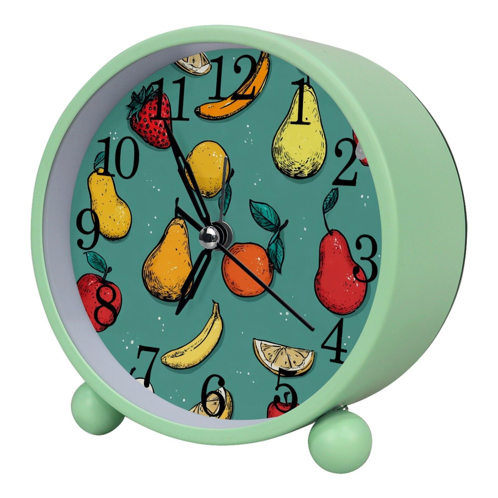 etoenbrc Fruits Round Battery Operated Bedside Alarm Clock Non-Ticking Desktop Silent Analog Alarm Clock with Light