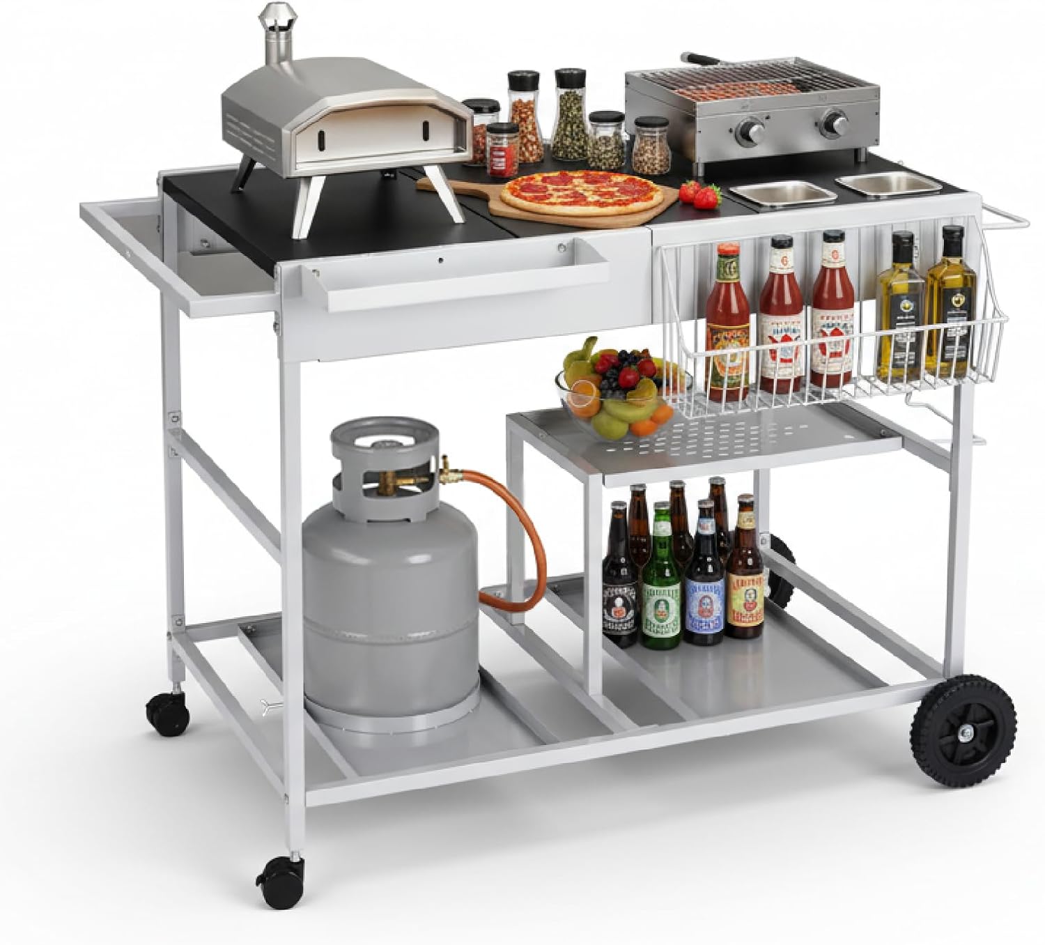 ROVSUN Pizza Oven Grill Table Cart, Movable Food Prep Cart with Pizza Topping Station, Seasoning Shelf, Gas Bottle Space, Outdoor Table Stand for Griddle, Patio, Home, Parties