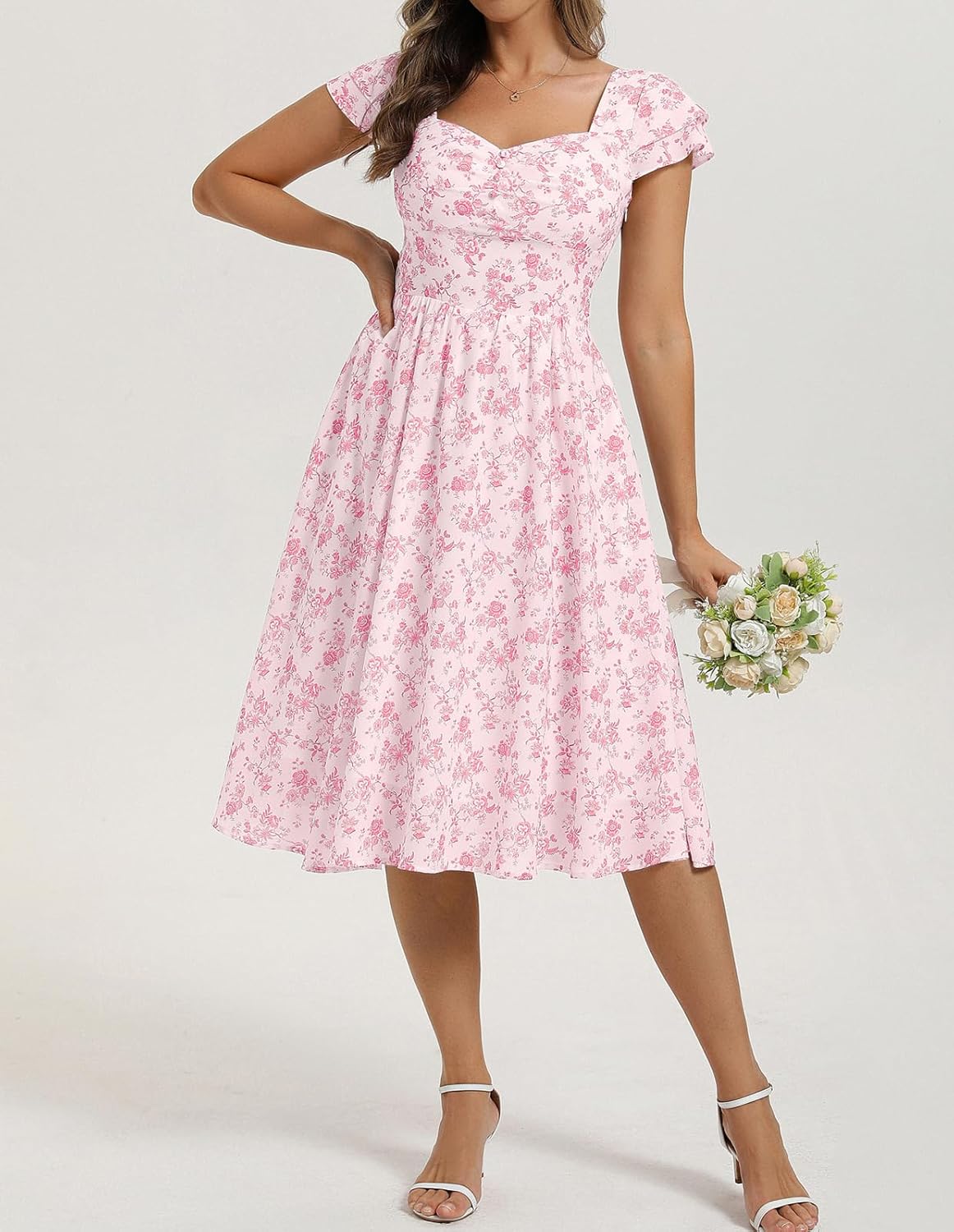 Belle Poque Women's Sweatheart Neck Ruffle Cap Sleeve Floral Dress 2026 Summer Ruched Midi Elegant Cocktail Party Dress - Image 8