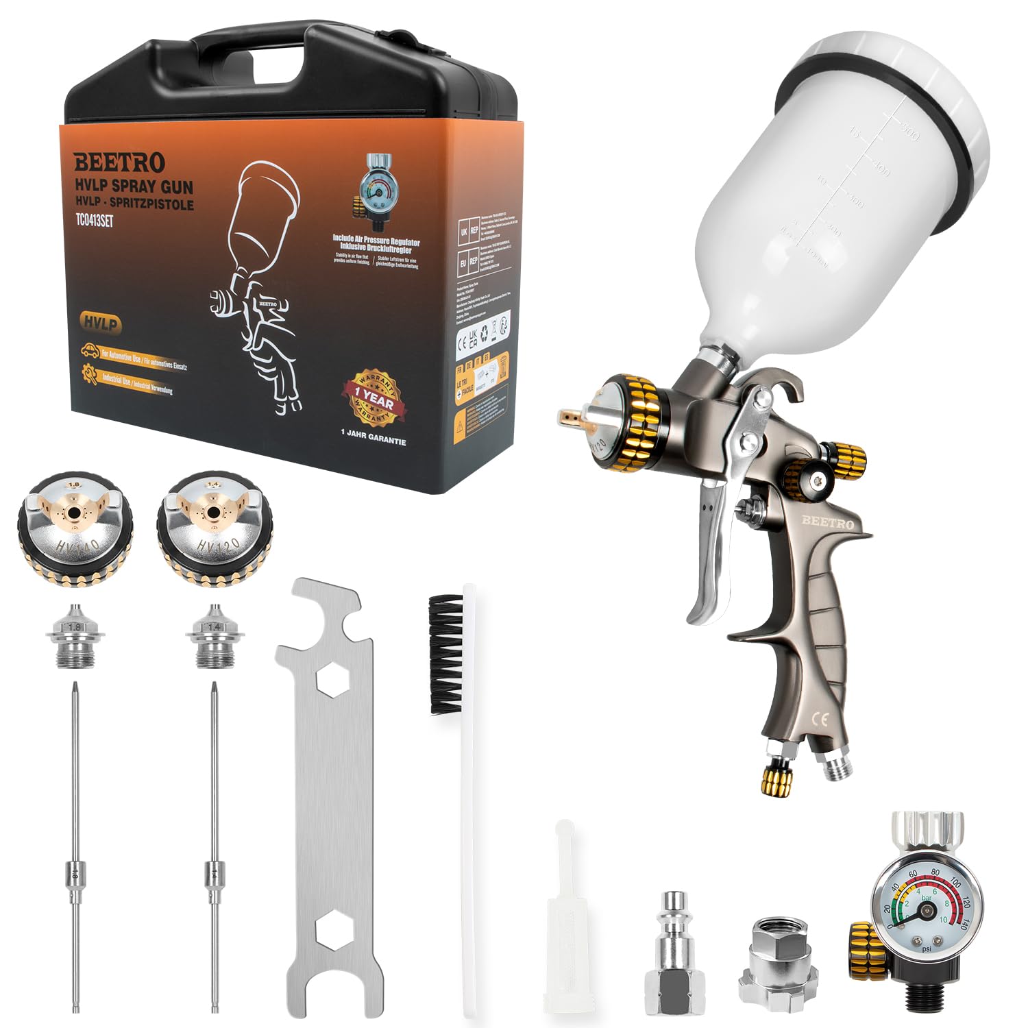 BEETRO HVLP Pistola de pulverización de aire con caja de almacenamiento, capacidad de 1000 ml, 14.3 CFM, 29-32 psi, boquillas de acero inoxidable de 1.4/1.8 mm, con adaptador tipo 2, pulverizador