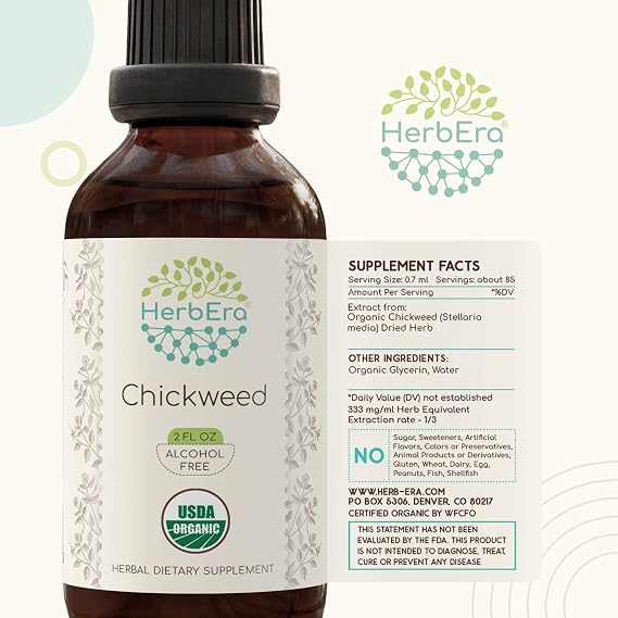 HerbEra USDA Organic Chickweed Alcohol-Free Liquid Extract Tincture Skin & Digestive Wellness, Stellaria Media Dried Herb, Cleansing Support, Vegan, Herbal Supplement (2 fl oz)