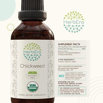 HerbEra USDA Organic Chickweed Alcohol-Free Liquid Extract Tincture Skin & Digestive Wellness, Stellaria Media Dried Herb, Cleansing Support, Vegan, Herbal Supplement (2 fl oz)