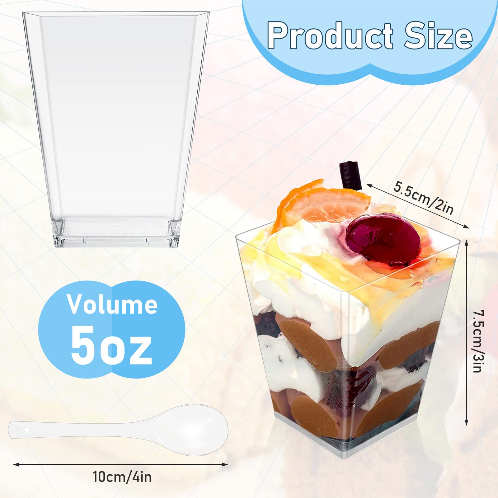 Cptoion 100 Pack 5 oz Dessert Cups with Spoons,Plastic Dessert Cups,Clear Square Parfait Cups,Mini Appetizer Cups,Shooter Cups for Party Desserts,Pudding Fruit and Ice Cream