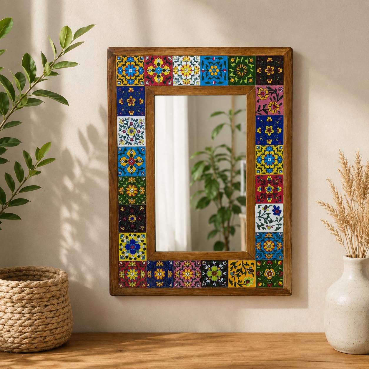 handcrafted wooden framed wall mirror with ceramic tile border,63 x 48.5 cm | 63 x 48.5 cm size, multicolour floral tiles, 3-inch ceramic tiles, decorative ornamental, rectangular design