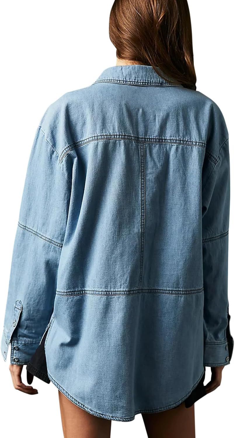 Fazortev Women's Denim Pullover Casual Button V Neck Blouse Loose Fit Long Sleeve Jean Jacket With Pocket - Image 2