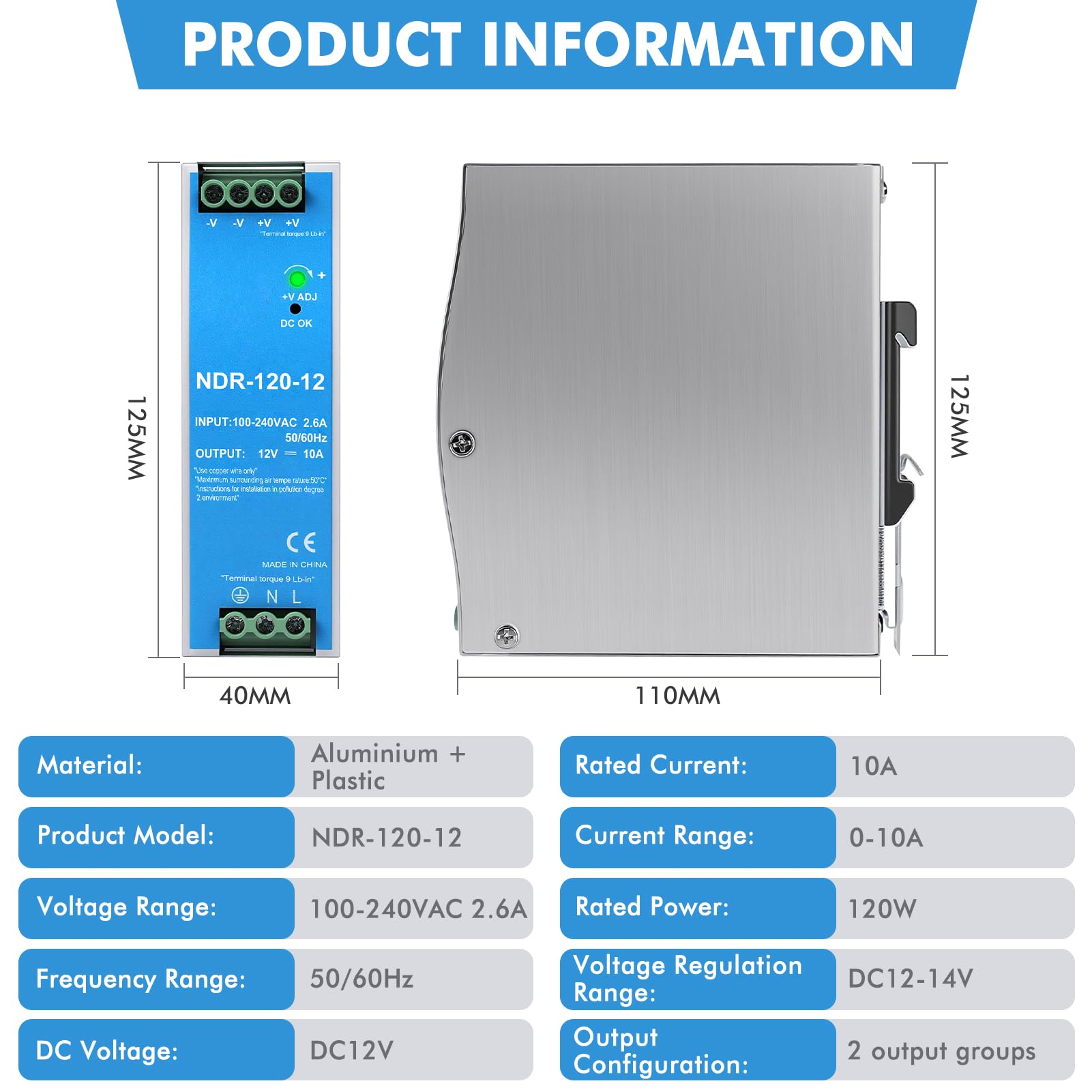 Alimentation sur rail din 12V 10A 120W bloc d'alimentation pour rail din transformateur Entrée AC100-240V 2.6A sortie DC 12V 10A alimentation à découpage industrielle NDR-120-12