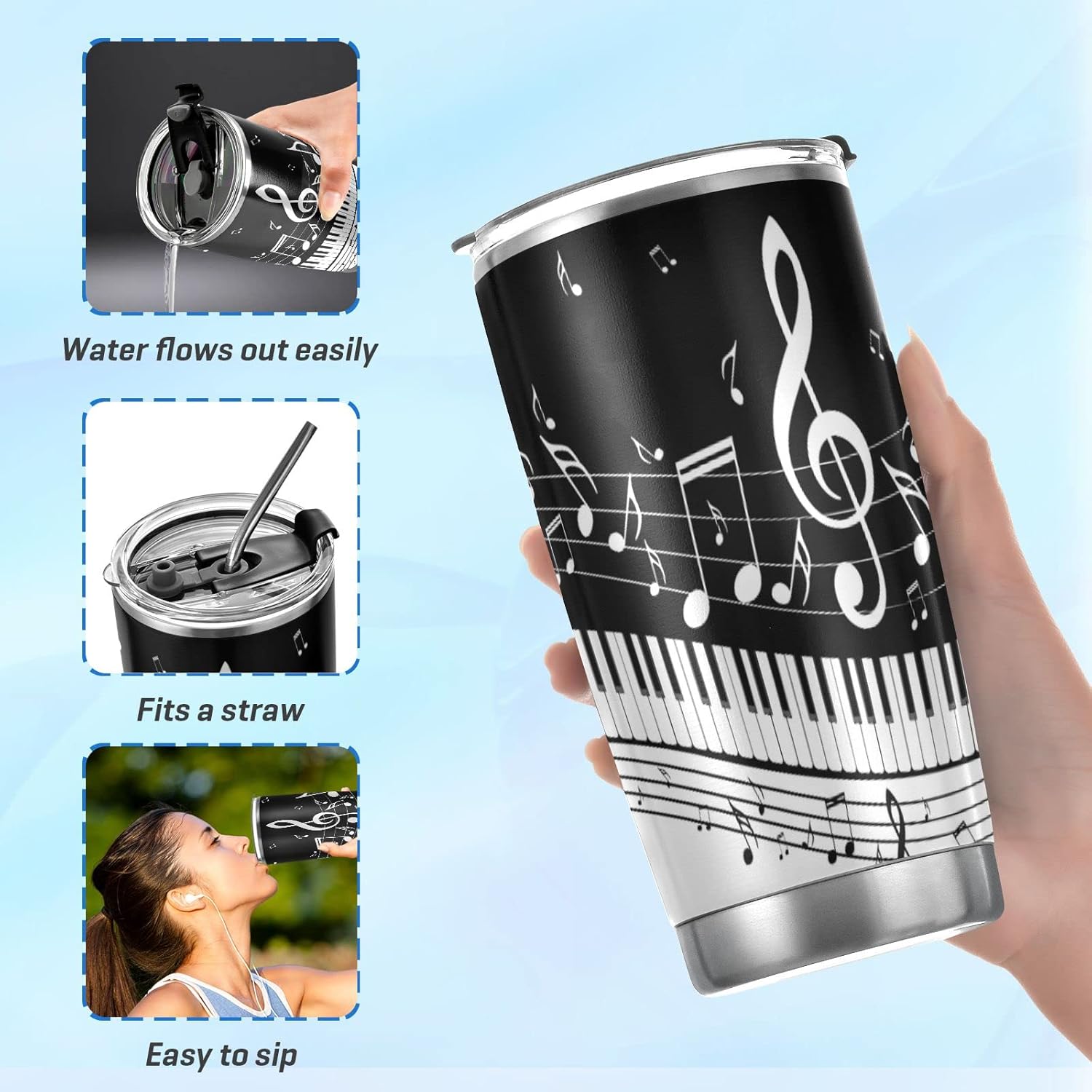 20 oz Piano Keys Music Note Insulated Tumbler Coffee Mug Double Wall Vacuum Travel Mug with Straw and Lid Stainless Steel - Image 6