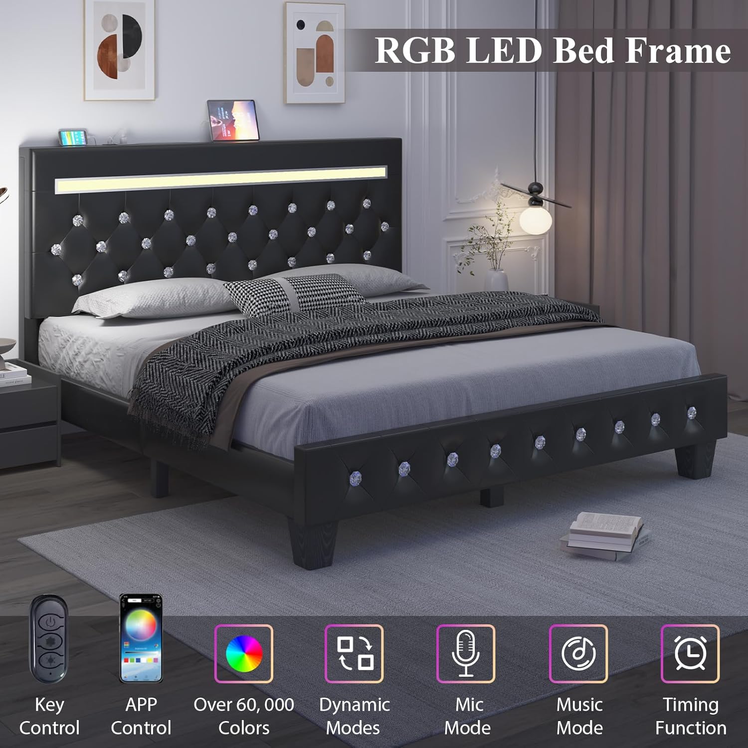 Full Size Bed Frame with LED Lights & Charging Station, Faux Leather Upholstered Platform Bed, Adjustable Crystal Button Headboard, Solid Wood Slats, No Box Spring Needed, Black