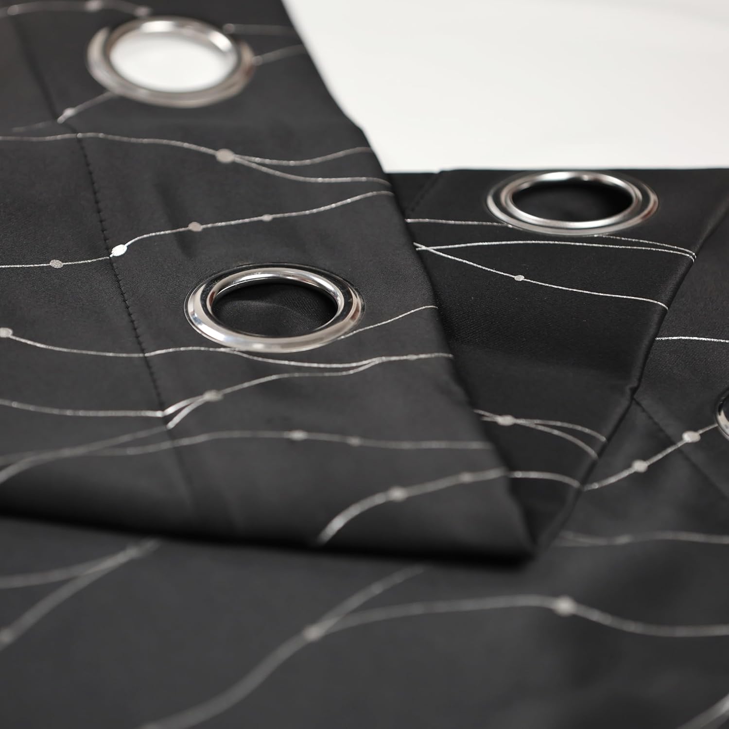 INLINAS 42W x 95L Inch Blackout Curtains for Bedroom Living Room, Foil Printed Wave Lines with Dots Pattern, Thermal Insulated and Noise Reducing, Black, 2 Panels