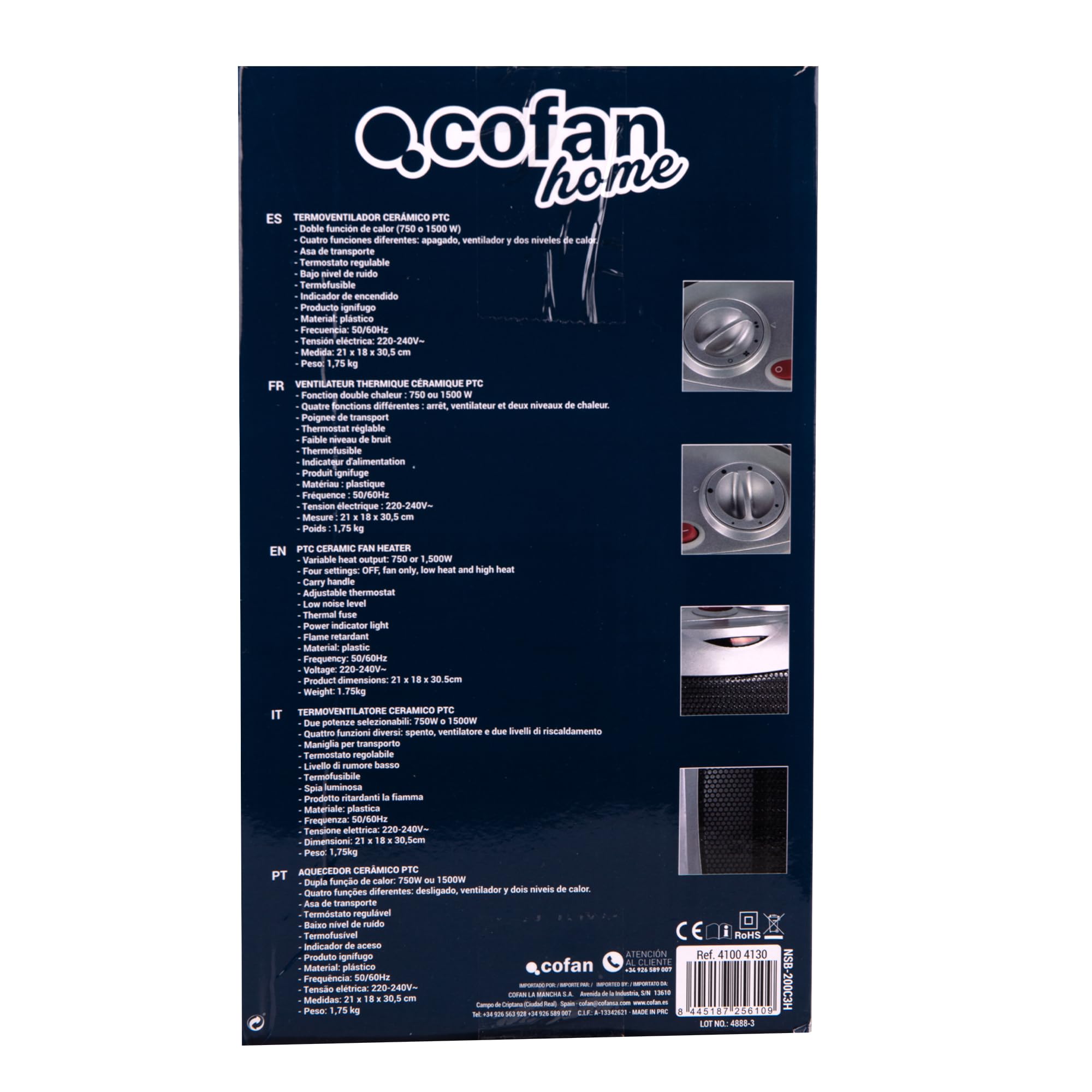 Cofan Termoventilador Eléctrico | Modelo Finlandia | Doble Función de Calor 750-1500 W | Calefactor Cerámico PTC