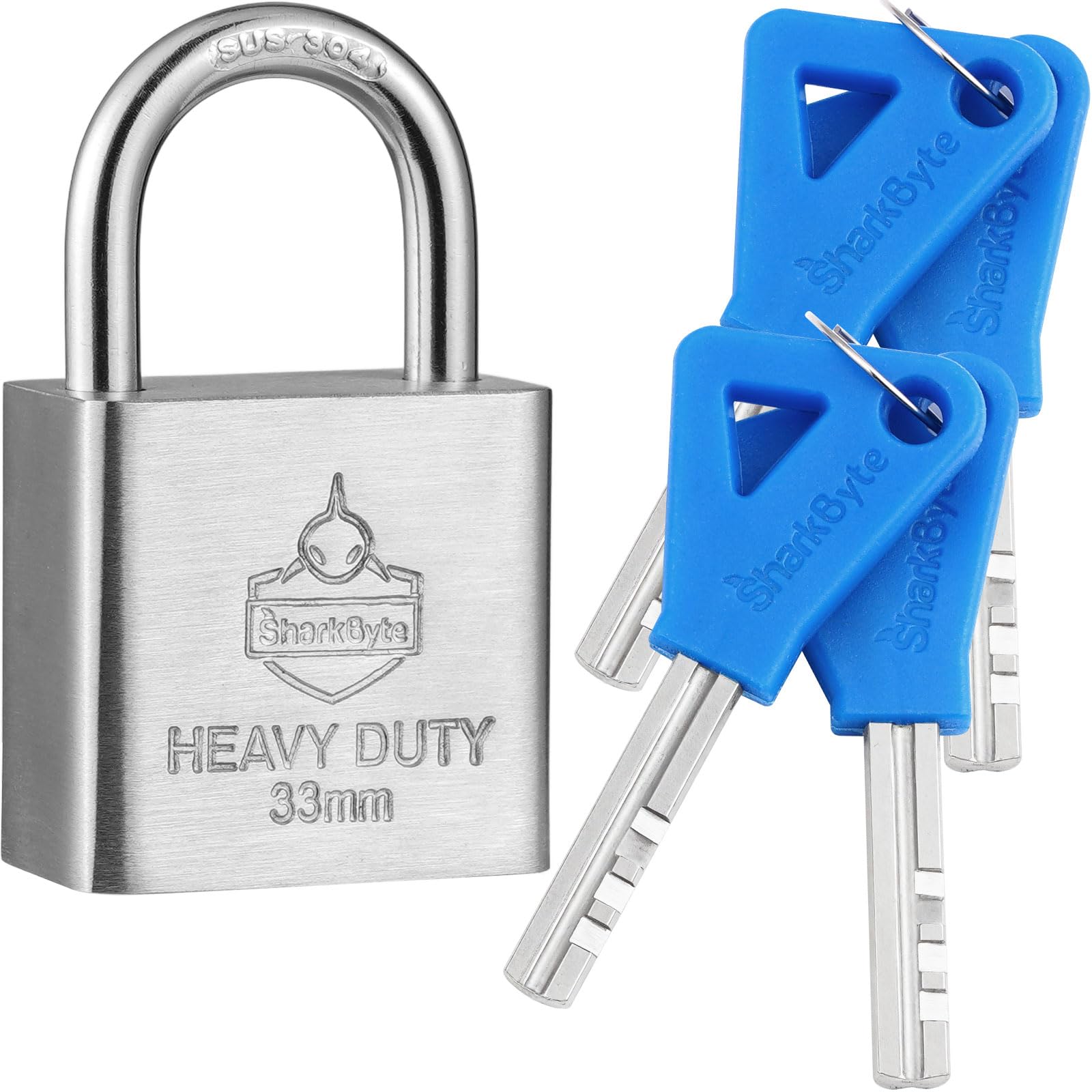 Sharkbyte [Never Rust] Heavy Duty Waterproof Outdoor Padlock With 4 Keys [33Mm] 100% Stainless Steel Hardened Body & Mechanism, Weatherproof Lock, Anti-Corrosion For Locker, Shed, Garage, Gym Etc