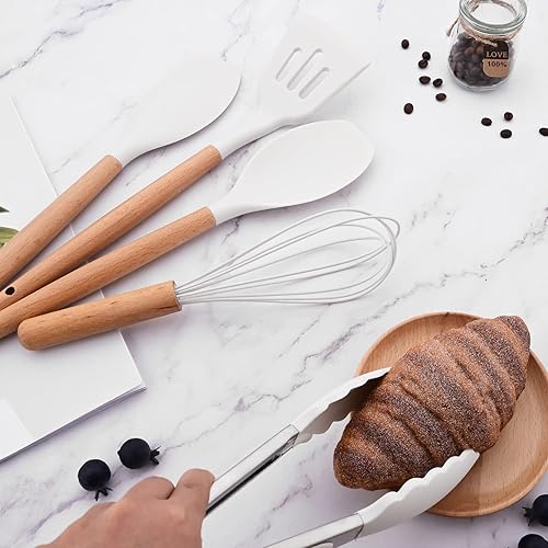 Miniatura 5 de BRIIEC Utensilios de cocina de madera y silicona, 12 utensilios de cocina de silicona antiadherentes, resistentes al calor, espátula, cuchara,