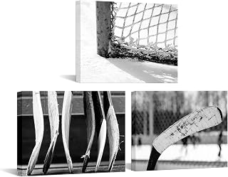 Nachic Wall 3 Panels Black and White Canvas Art Vintage Sports Decor Ice Hockey Stick Photography Painting for Ice Rink Gym Man Boys Room Decor Stretched and Framed Ready to Hang (Small)