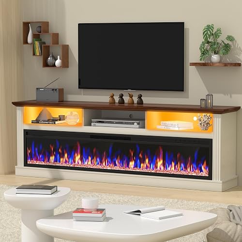 Spurgehom 58" Fireplace TV Stand for TVs Up to 65" with 52" Electric Fireplace,White Entertainment Center,Led Light TV Consoles for Living Room,Farmhouse Media Console Table