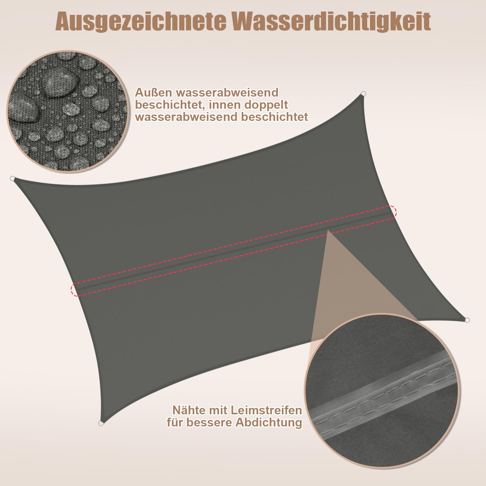 WOLTU PES Sonnensegel 300D Oxfordgewebe Neumaterial mit PU-Beschichtung | 1000MM Wasserstandfestigkeit, 95% UV-Schutz | 5mm 304 Edelstahlringe, Doppelschichtgurte für Balkon Garten/Terrasse/Pool