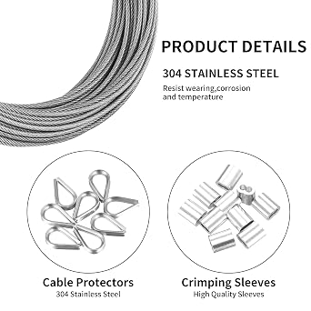 2mm Stainless Steel Wire Rope Cable Kit, 7x7 Strand Core Metal Rope for Garden, Fence, Clotheslines, Picture & Light Fixtures, 20M Durable Outdoor/Indoor Use (1 Pack)