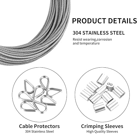 2mm Stainless Steel Wire Rope Cable Kit, 7x7 Strand Core Metal Rope for Garden, Fence, Clotheslines, Picture & Light Fixtures, 20M Durable Outdoor/Indoor Use (1 Pack)
