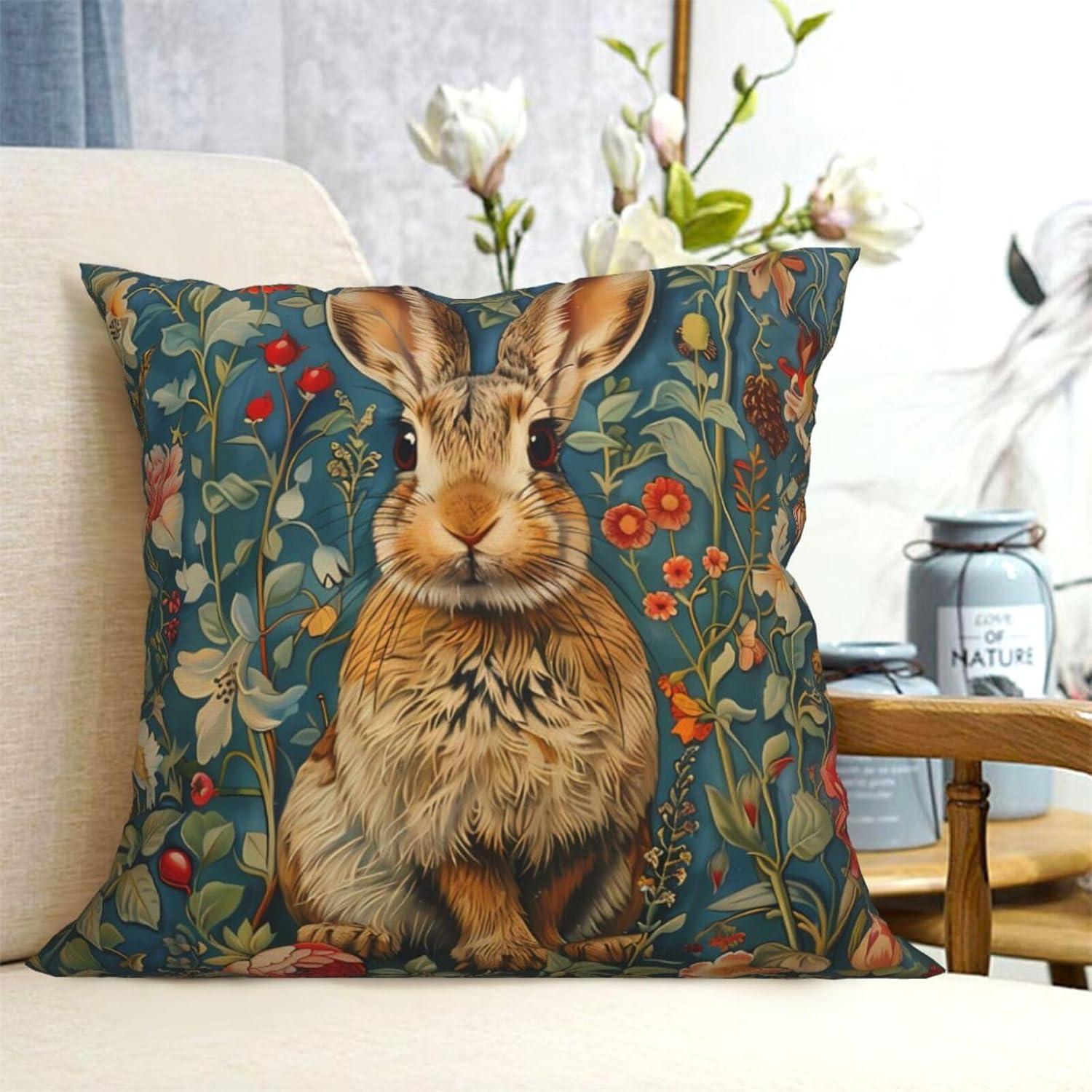 William Morris Abstract Vintage Floral Rabbit Throw Pillow Velvet Pillowcase Home Set Comfortable Square Bed Sofa Decoration Living Room Office Cushion Cover18 x18 Inches image 4