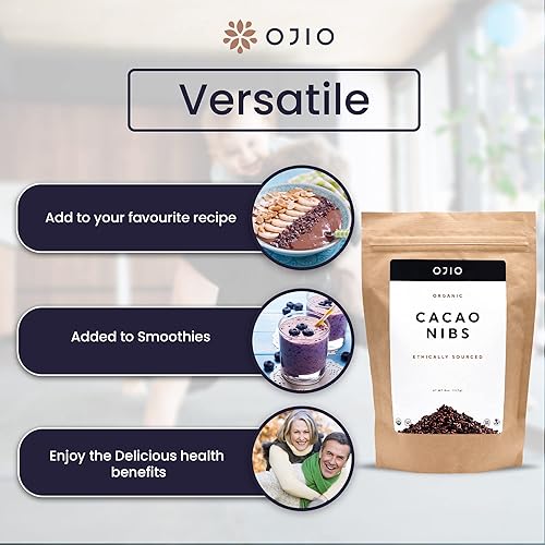 Miniatura 3 de OJIO Plumas de cacao crudo orgánico  Paleo  Orgánico  Sin OMG  Kosher  Superalimento antioxidante antienvejecimiento  Sin gluten  8 onzas  Paquete