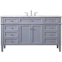 Mavis 60 Inch Pre-Assembled Bathroom Vanity with Single Sink, Carrara White Marble Countertop, Gray