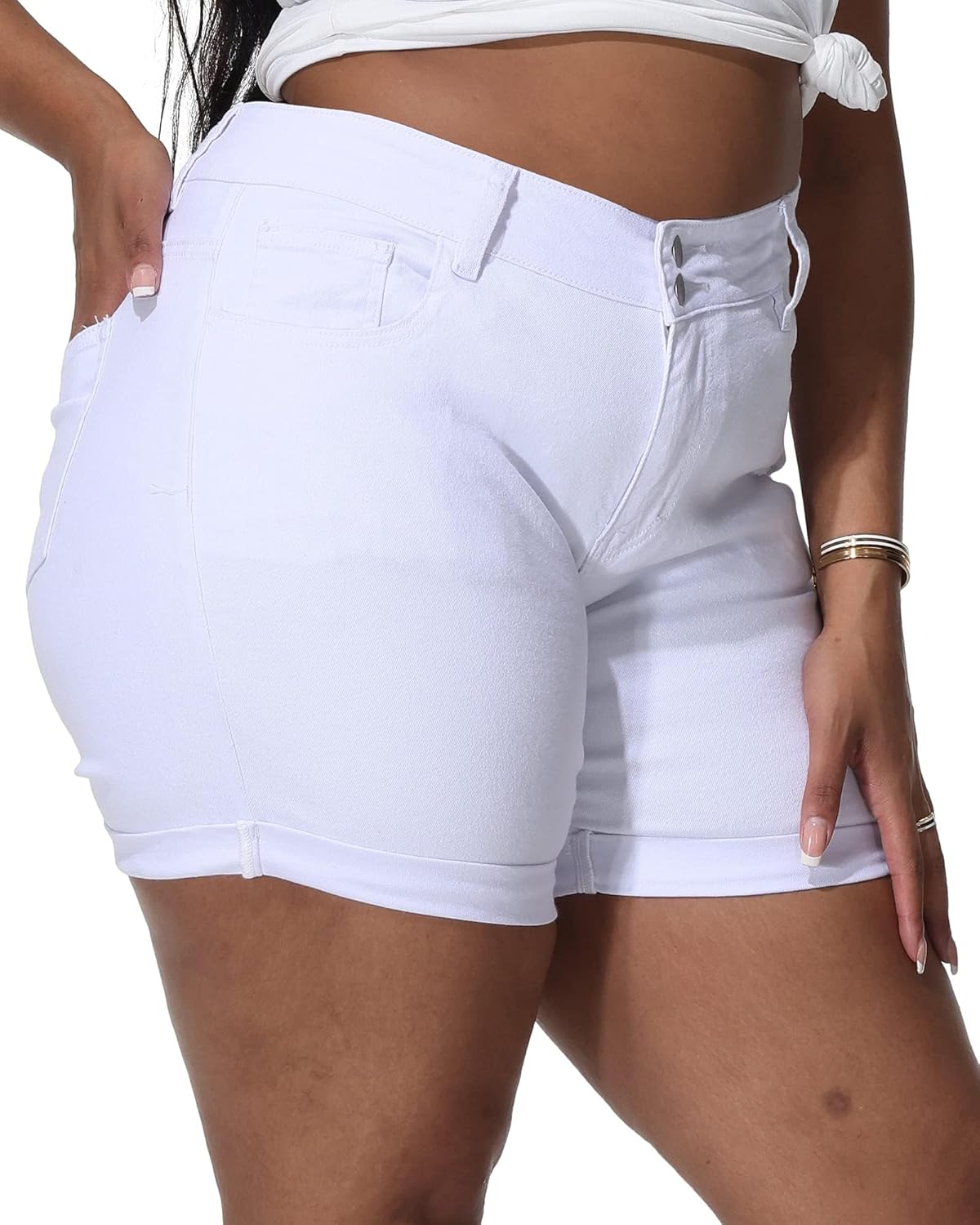 Womens Plus Size Jean Shorts Stretchy High Waisted Distressed Fold Hem Denim Shorts - Image 4