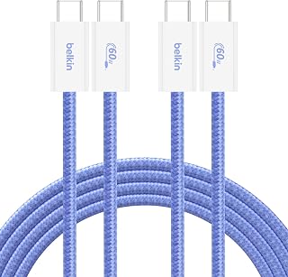 Belkin USB C to USB C Cable, 6.6ft, 60W - Type C Charger, iPhone Charger Cord, Soft, Braided, Flexible for iPhone 16, Galaxy S25, Pixel 9, Airpods, iPad Pro, Tablet & More, Travel Essentials - Blue