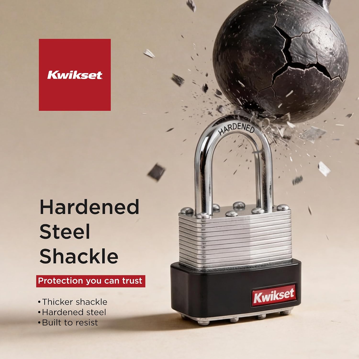 Kwikset Laminated Steel Padlock with Hardened Steel Shackle, Outdoor Gate and Fence Lock, 1-3/4 in Body, 1-1/16 in Shackle, 2 Pack Keyed Alike, Silver