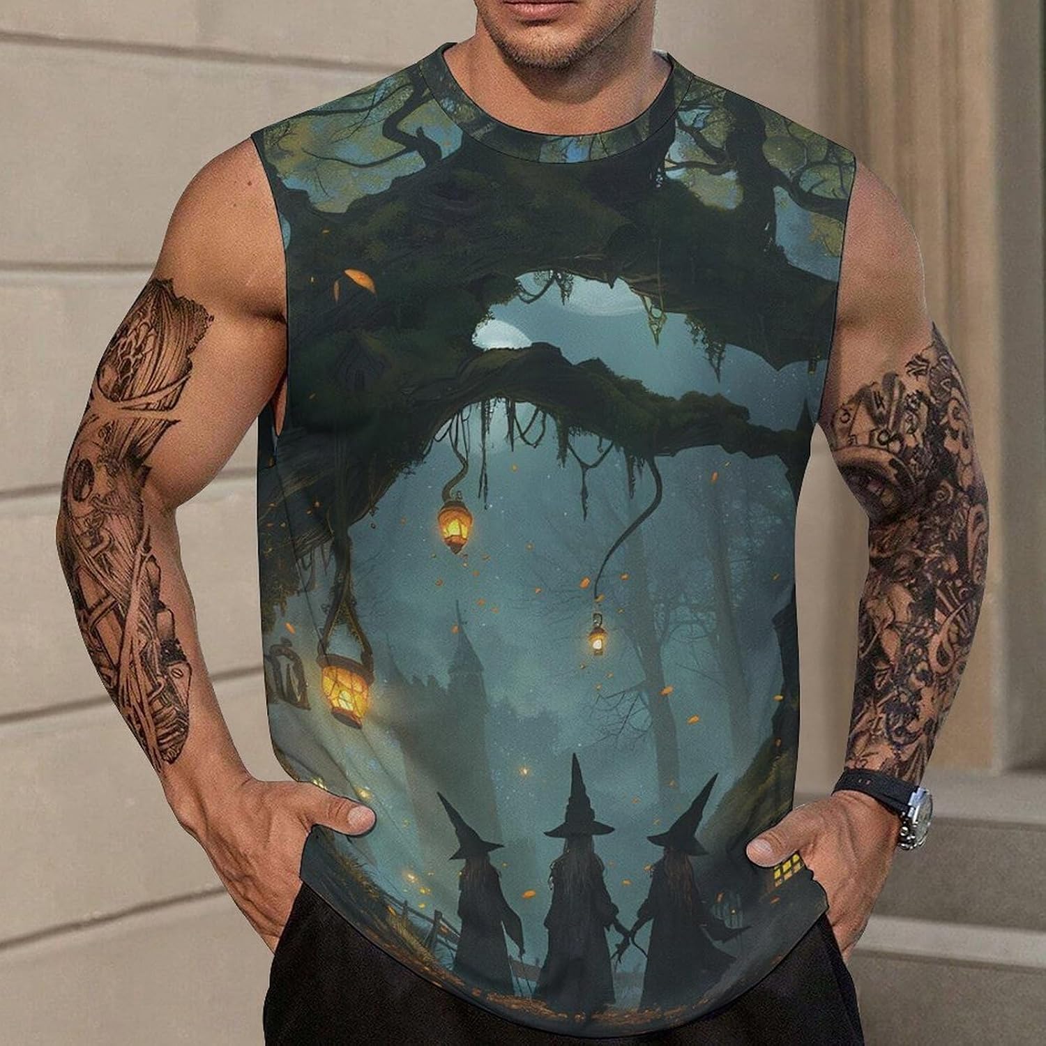 Witches in Enchanted Forests Men Summer Sleeveless Crew Neck Top 5XL