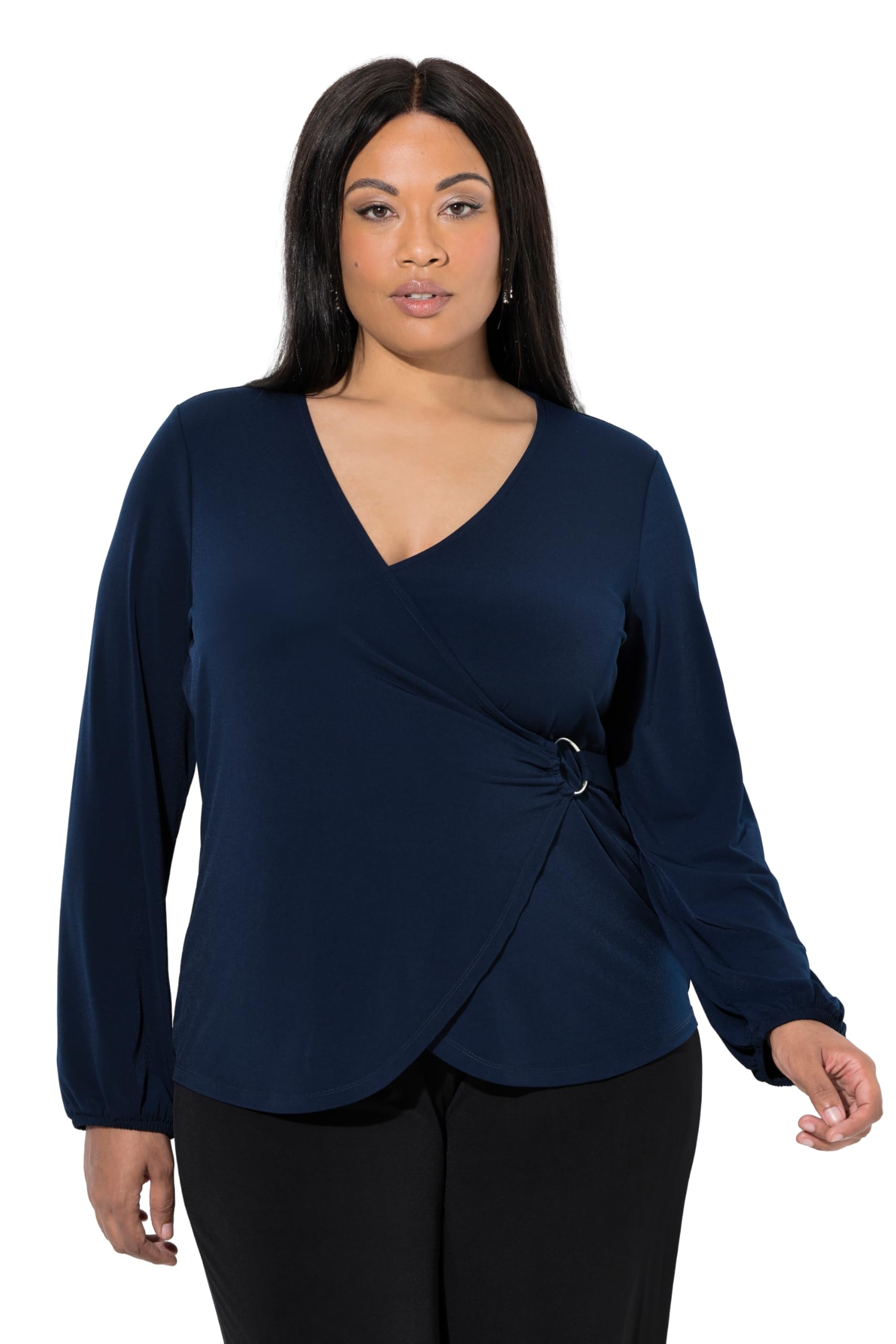 Ulla Popken Damen große Größen Übergrößen Plus Size Shirt, Wickeloptik, V-Ausschnitt, Langarm 847430