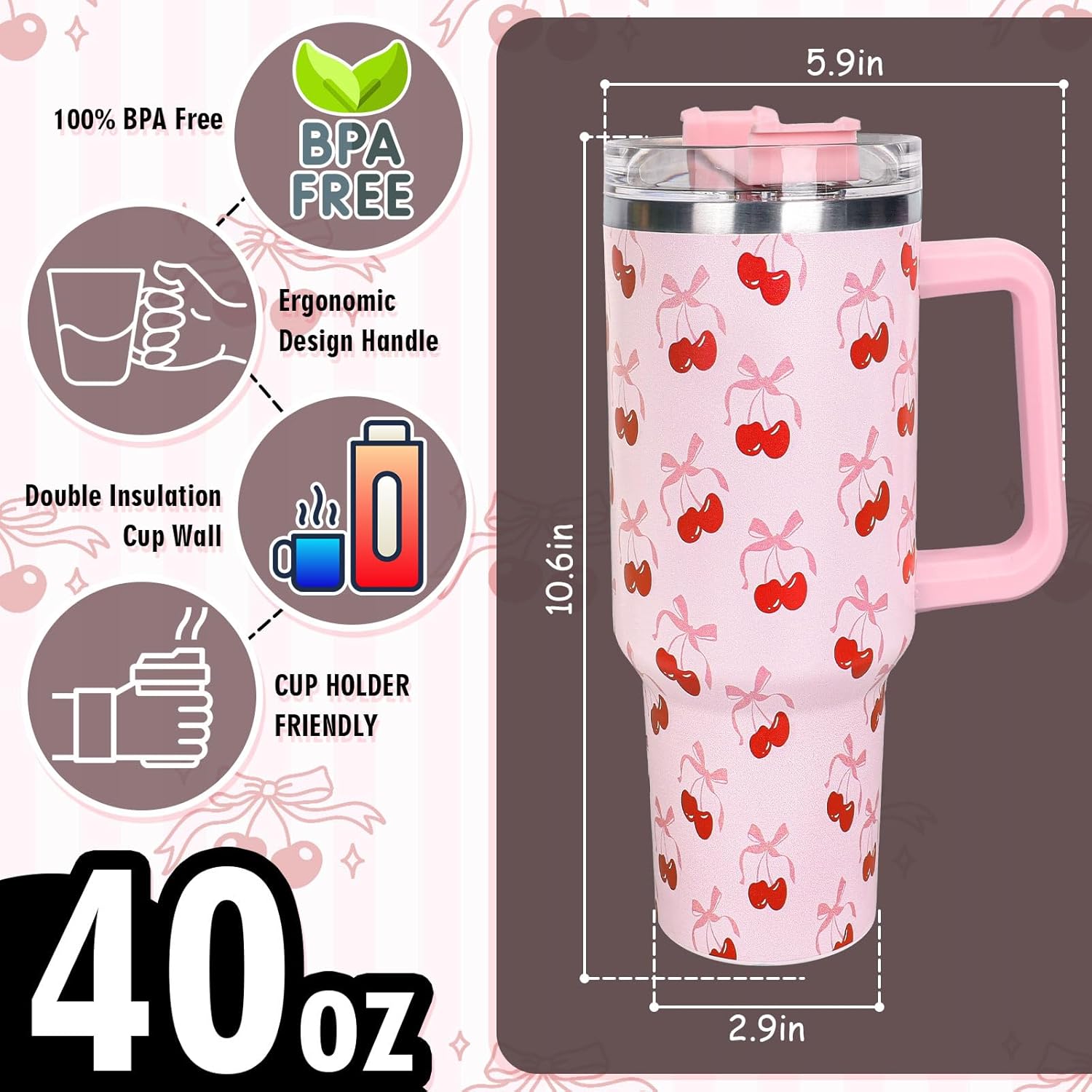 Whaline 40oz Pink Bow Cherry Tumbler with Handle Straw and Lid Coquette Bowknot Cherries Travel Tumbler Coffee Cup for Women Friend Holiday Birthday - Image 2