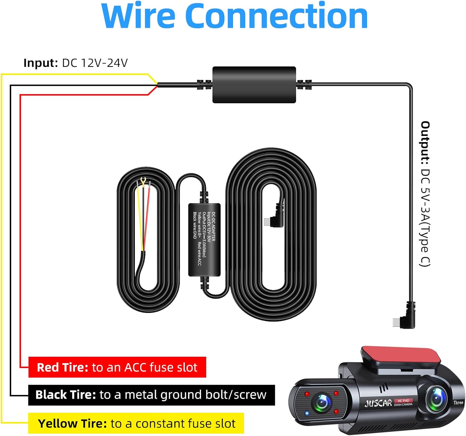 Type-C Dash Cam Hardwire Kit, 12V-24V to 5V Car Charger Cable with 8 Fuse Kit & Advanced Low Voltage Protection for Continuous Parking Monitor