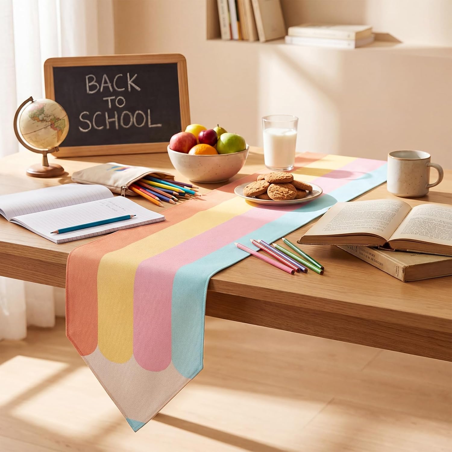 Chumia 4 Pcs Pastel Back to School Table Runner for Classroom Dining Table 72 x 13 Inch Pastel Pencil Crayon Composition Notebook Lined Paper Decor for Back to School Party Decoration