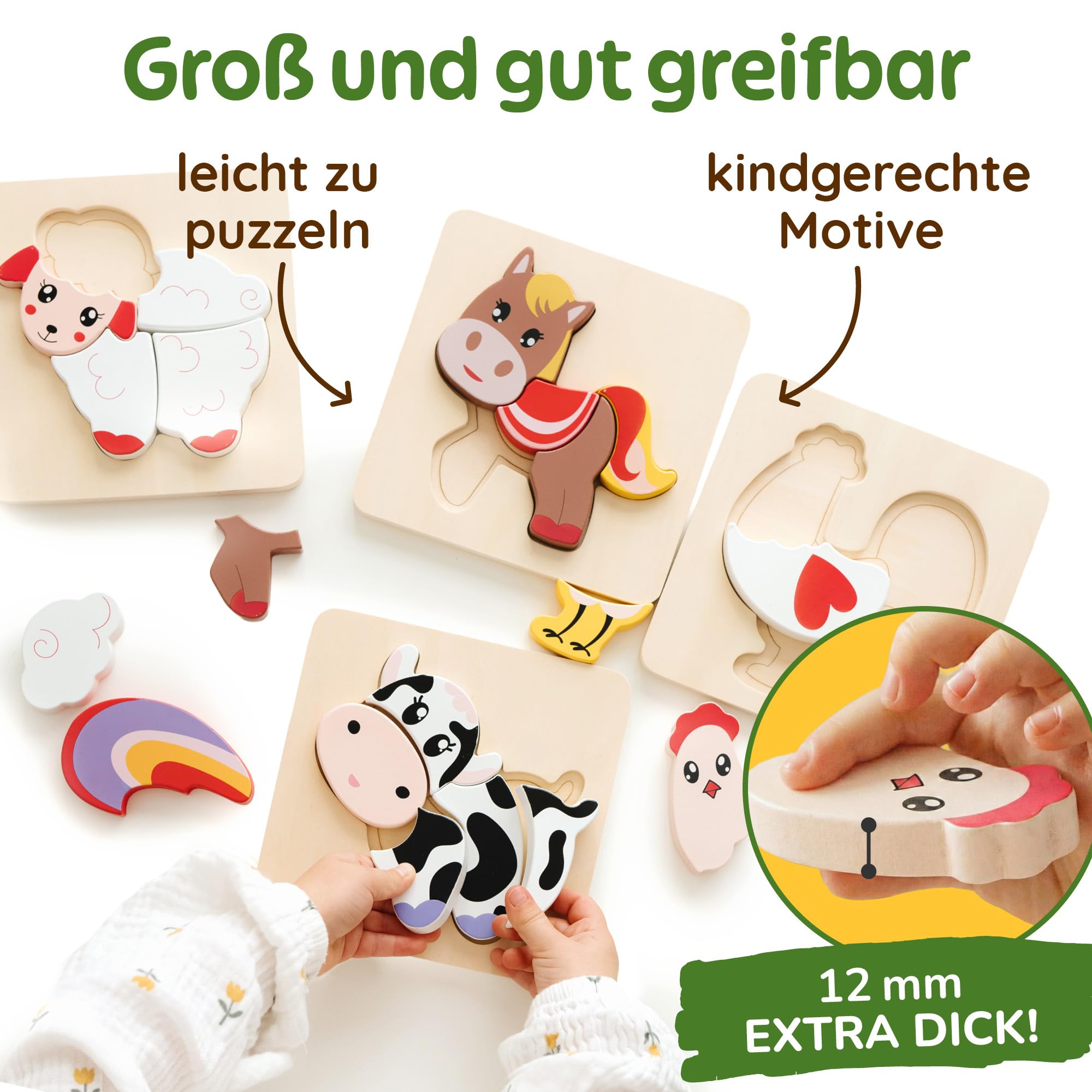 Merle Toys® Holzpuzzle 1 Jahr, Kinder Holzpuzzle ab 2 Jahre, 100% nachhaltig, 4X Greifpuzzle Tiermotive, Montessori Puzzle mit Hilfslinien, Baby Puzzle ab 1 Jahr, Holz Steckpuzzle mit 19 großen Teilen