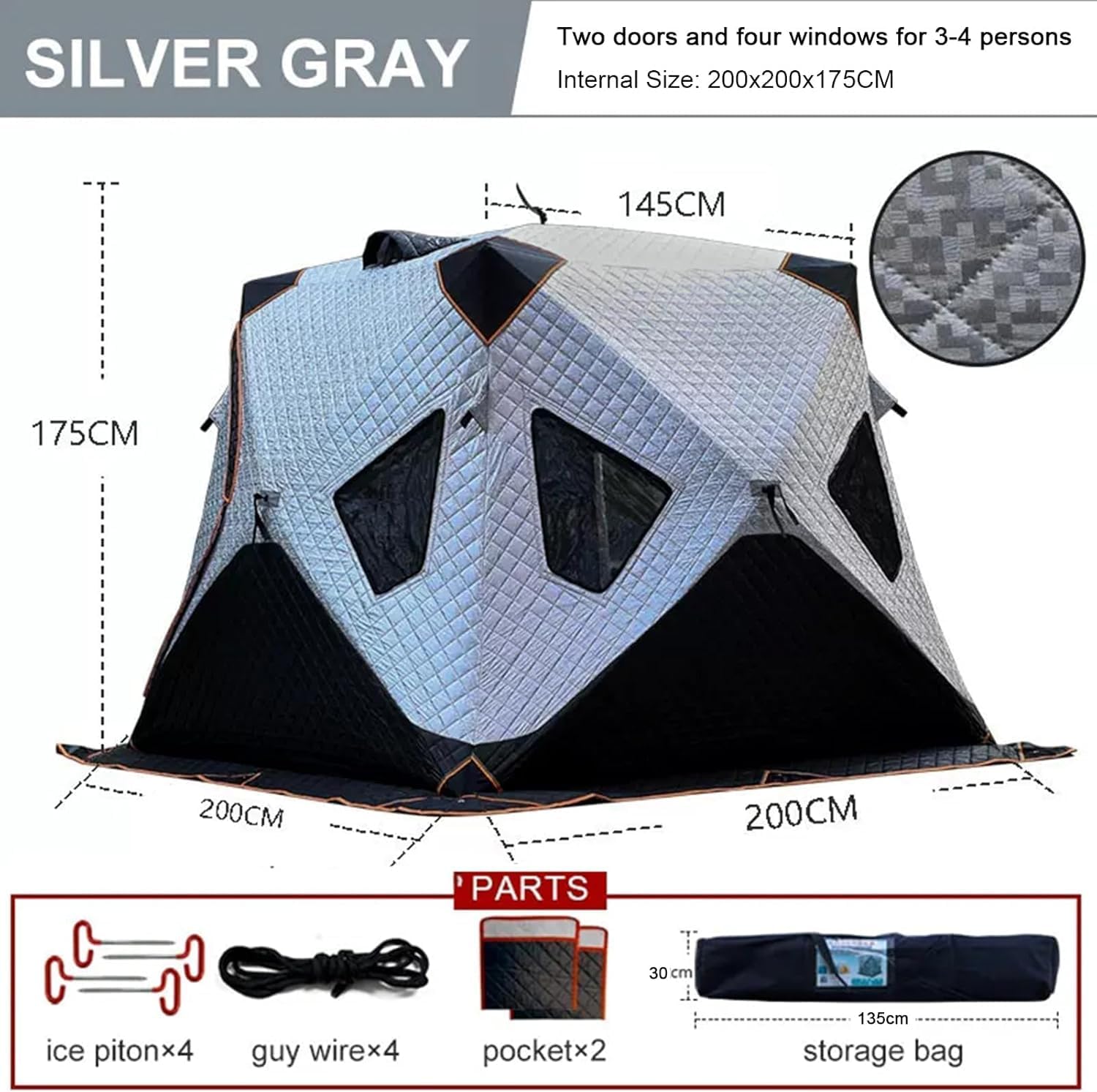 Ice Fishing Shelter, Ice Fishing Tent, Insulated Ice Fishing Shelter with Two Doors & Six Windows, 3-4 Person Pop-Up Portable Tent Carry Bag(Gray1,3~4 Persons)