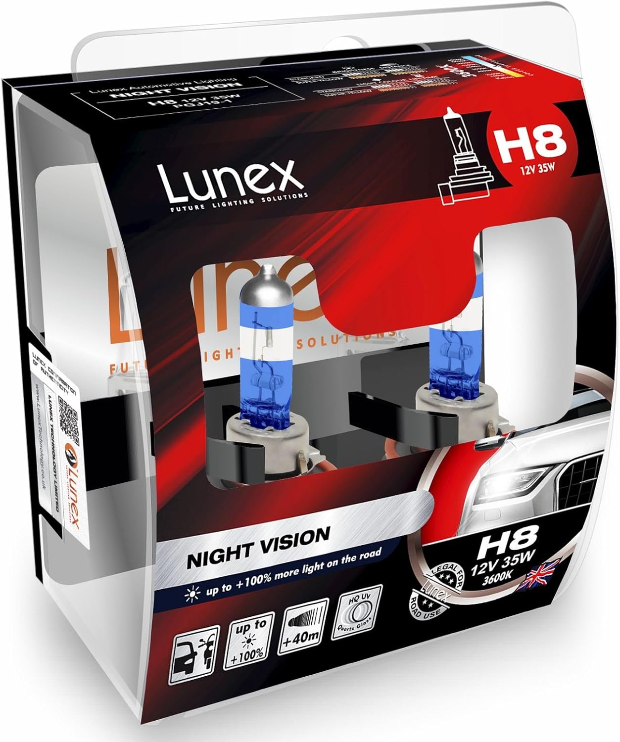 LUNEX H8 NIGHT VISION 708 Headlight Halogen Bulbs 12V 35W PGJ19-1 + 100% more light 3600K duobox (2 units)
