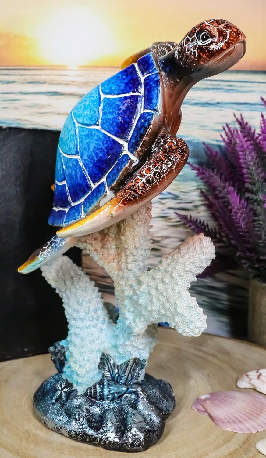 Ebros Gift Nautical Ocean Colorful Hues of Blue Giant Sea Turtle Swimming by Underwater White Corals Figurine 8.75" High Reptile Tortoise Turtles Decorative Figurine Home and Office Decor