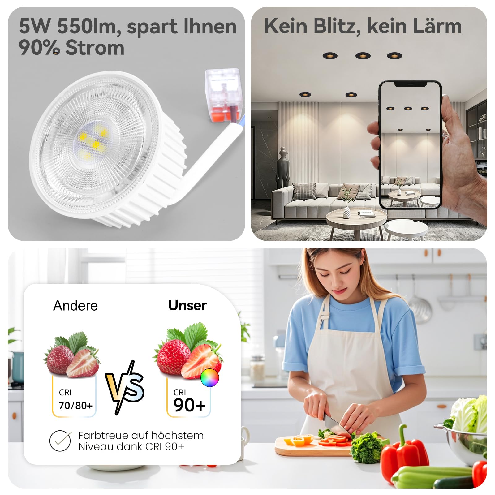 4er Einbaustrahler LED Dimmbar Deckenpots IP65, 5W 550lm Einbauspots 230V Modul, 3000K/ 4000K/ 6500K für Küche Flur, CRI90+ Blendfrei Ø70mm