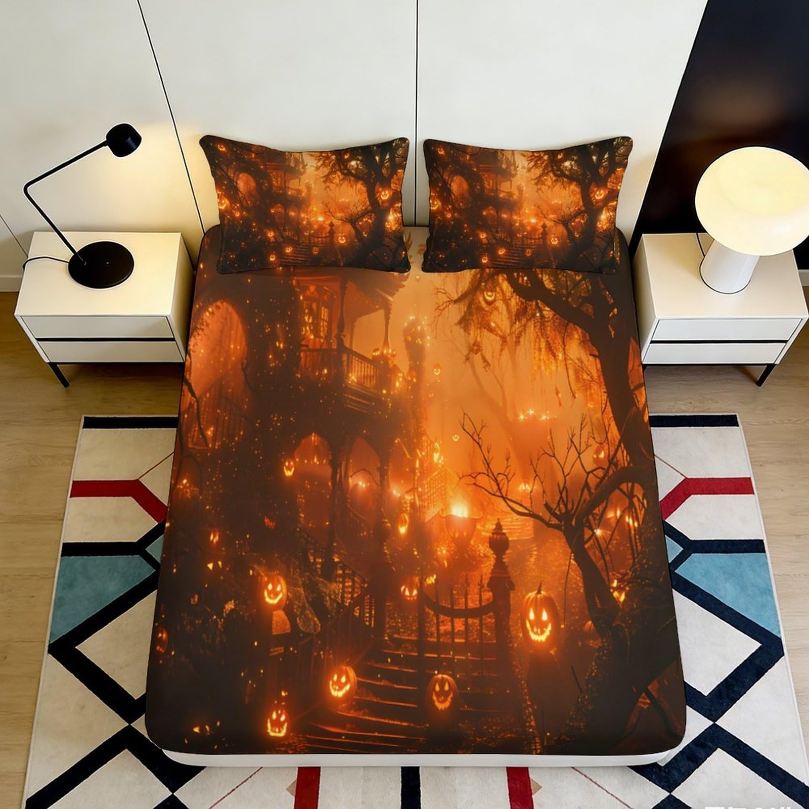 3D Printed Halloween Haunted House Fitted Sheet Microfiber Orange Pumpkin Mattress Cover for Bedroom Guest Room Decor 90x200x25cm