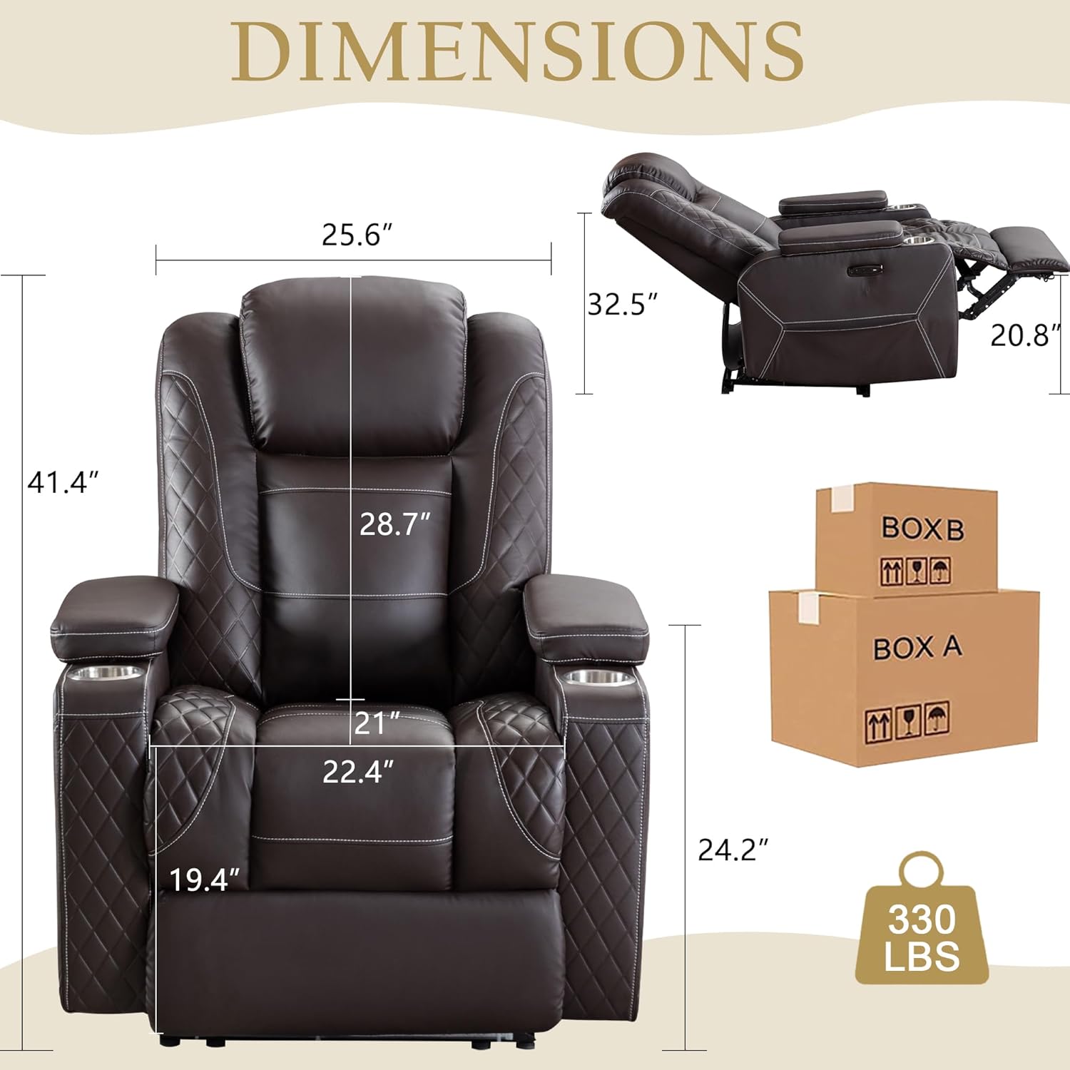 TUNYI Home Theater Recliner Chair - Power Recliner Sofa Chair with Adjustable Headrest Faux Leather Reclining Chair with USB/Storage/LED Light/Cup Holder (Brown, 1 PC)
