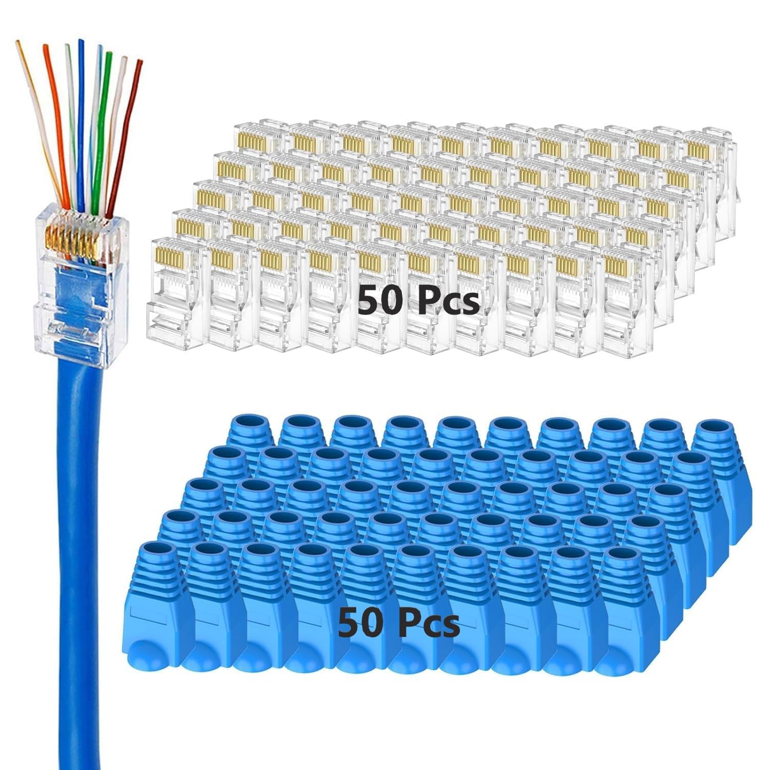 XIKKART UTP RJ45 Connectors, Cat6 RJ45 Pass Through Plugs 50-Pack, Cat6 RJ45 Plugs with 50-Pack Strain Relief Boots for Solid or Standard Ethernet Cables, Transparent-image-47