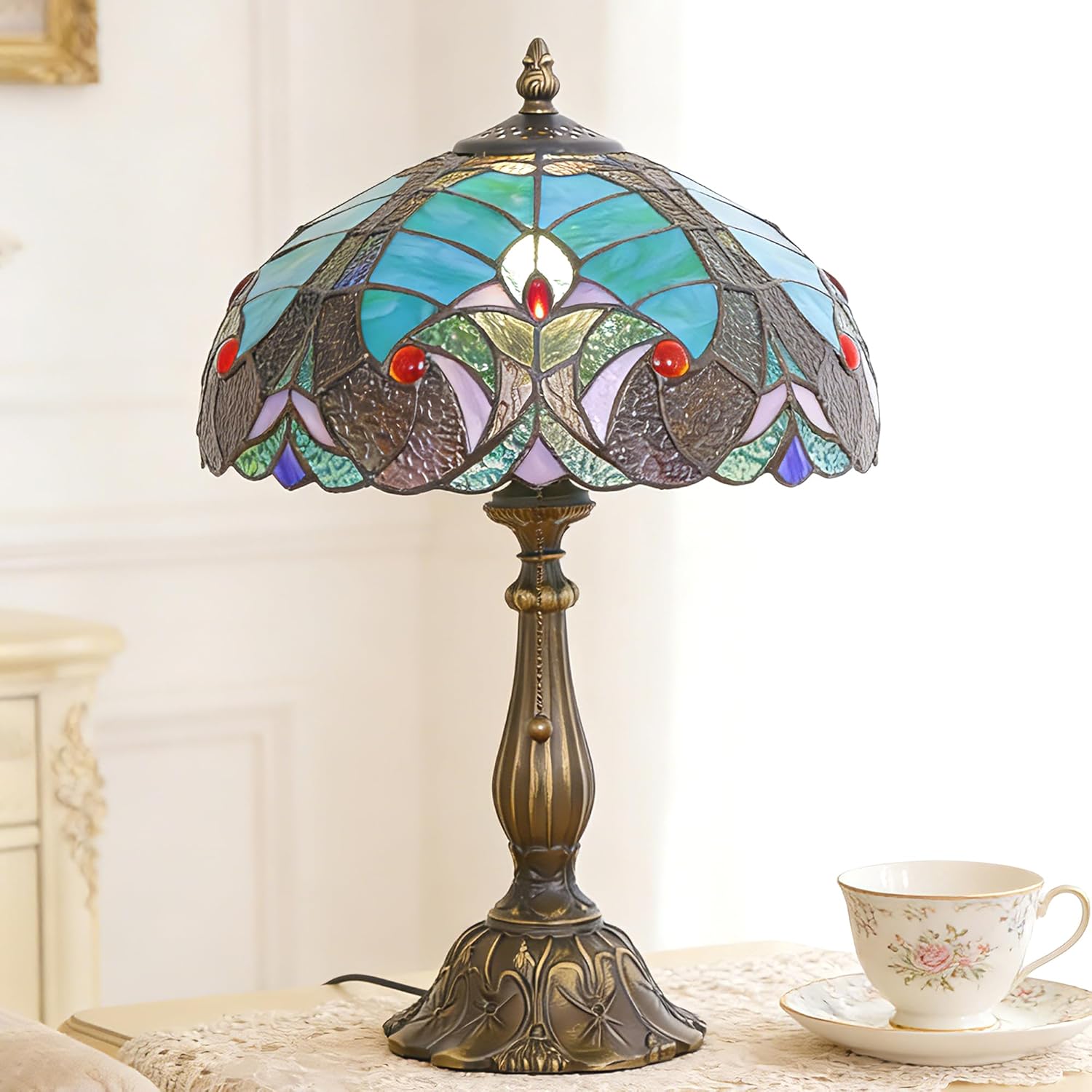 Tiffany Lamp Stained Glass Table Lamp Antique Bedside Reading Light W12H19 Inches (Green Liaison)