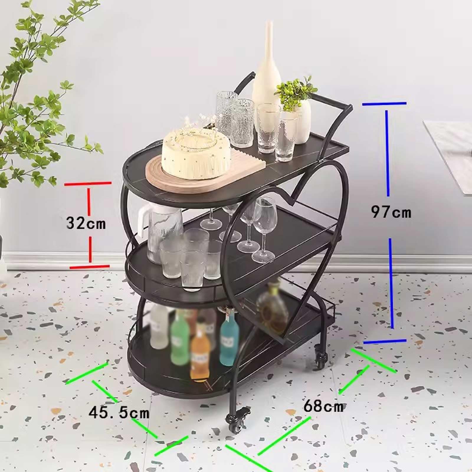 Carrello Multiuso da Cucina Carrelli Bar Neri con Ripiani a 3 Livelli, Carrello Bar Mobile for la casa, Cucina, Soggiorno, Sala da Pranzo Carrello di Servizio